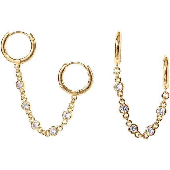 14K Gold Chain Earrings Womens Double Piercing Dangle Chain Huggie Hoop Earrings - Picture 1 of 5
